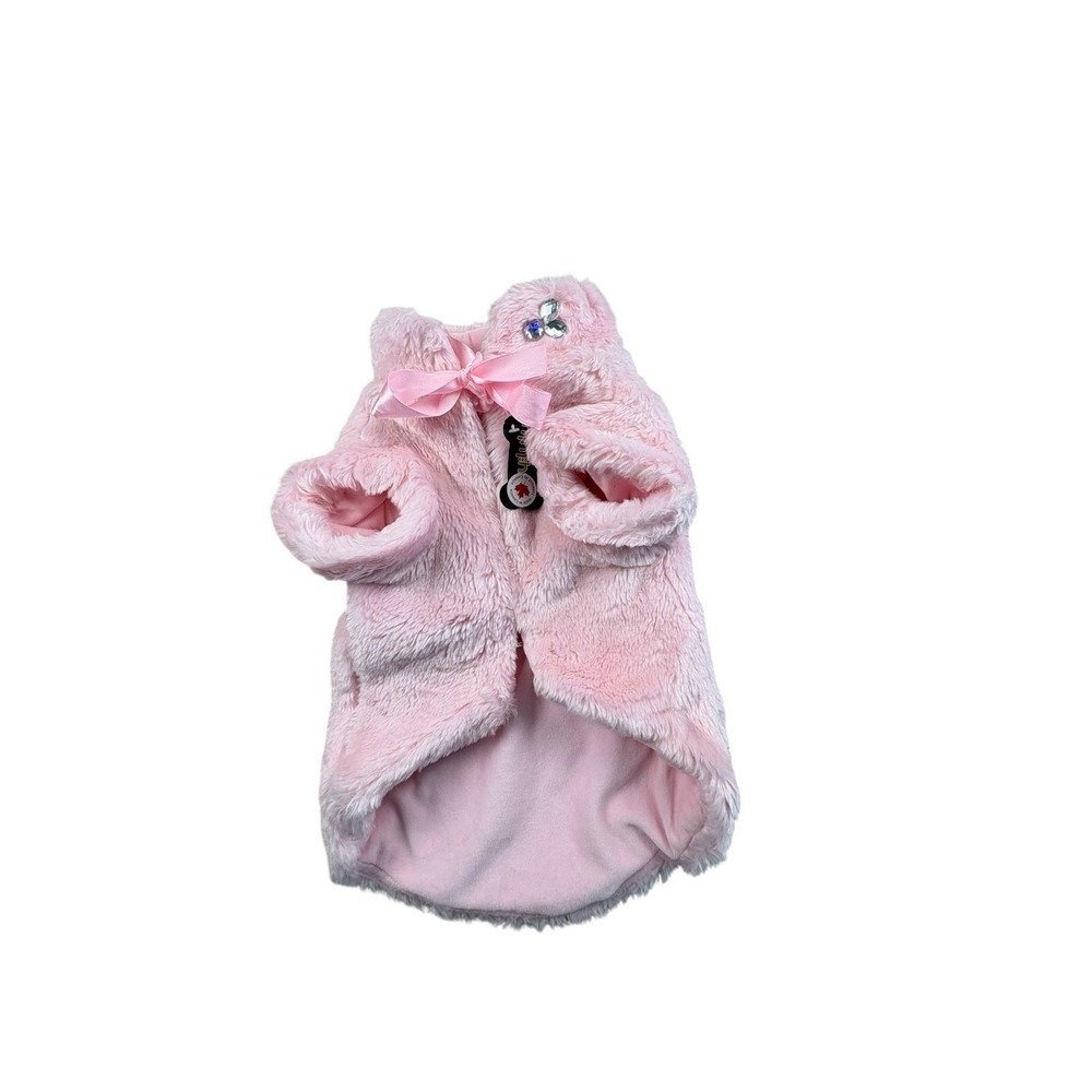 Roxy & Lulu Pink Plush Dog‎ Coat Faux Fur Hood Rhinestone Trim NWT